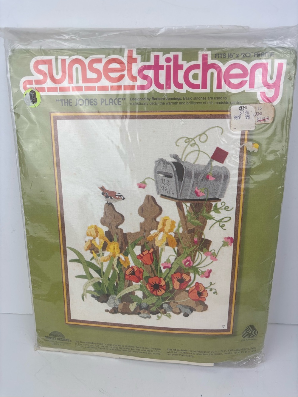 VTG-Sunset Stitchery/The Jones Place-Wildflowers & Mailbox Crewel Stitch Kit-NEW